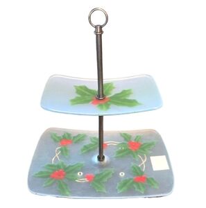 Block Crystal NEW VTG Holly‎ & Berries Frosted Glass Stacking 2 Tiered Tray Set